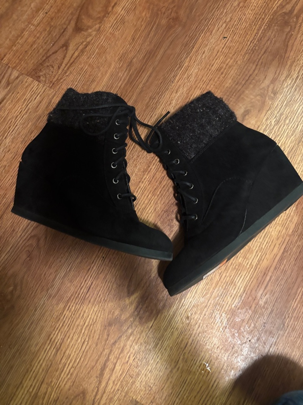 SO Black Lace-Up Wedge Ankle Booties with Knit Cuff